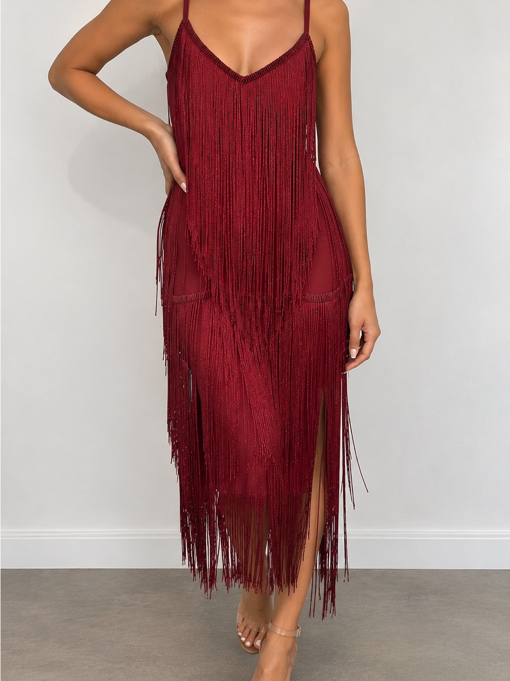 PrettyLittleThing 2X Burgundy Fringe Tassel Flapper Midi Party Dress NWT